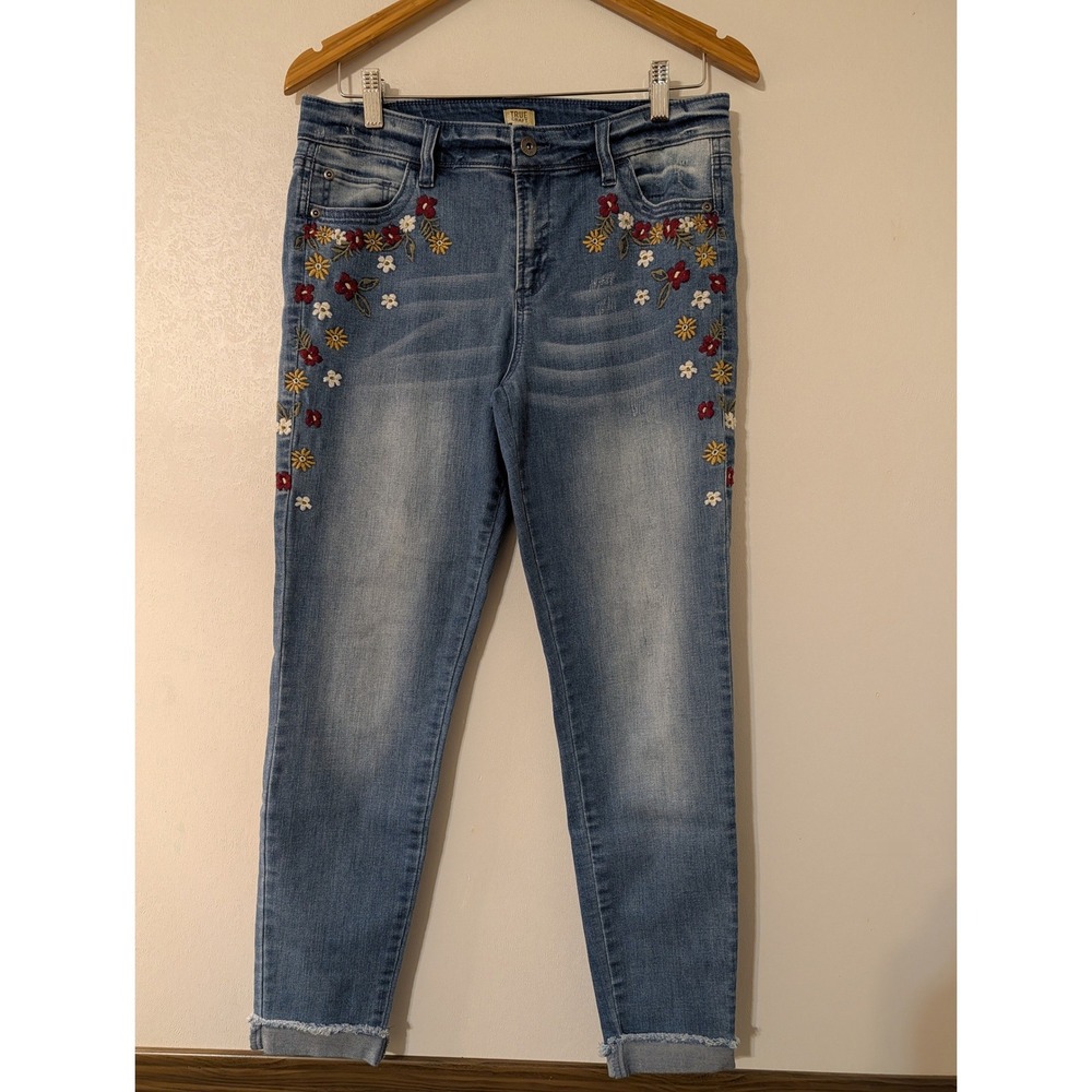 True Craft Womens Floral Embroidered Skinny Jeans Medium Wash Blue Size 11